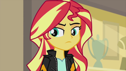 Size: 1280x720 | Tagged: safe, screencap, character:sunset shimmer, episode:my past is not today, g4, my little pony:equestria girls, frown, indoors, looking away, solo, trophy