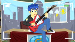 Size: 1920x1080 | Tagged: safe, screencap, character:flash sentry, episode:best trends forever, g4, my little pony:equestria girls, clothing, converse, guitar, hoodie, pants, shoes, sneakers, solo