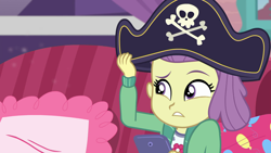 Size: 1920x1080 | Tagged: safe, screencap, episode:pinkie sitting, g4, my little pony:equestria girls, clothing, couch, female, hat, indoors, lily pad (equestria girls), phone, pillow, pirate hat, smartphone, solo, young