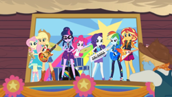 Size: 1920x1080 | Tagged: safe, screencap, character:applejack, character:fluttershy, character:pinkie pie, character:rainbow dash, character:rarity, character:sunset shimmer, character:twilight sparkle, character:twilight sparkle (scitwi), species:eqg human, episode:road trippin', g4, my little pony:equestria girls, bass guitar, drums, flying v, geode of empathy, geode of fauna, geode of shielding, geode of sugar bombs, geode of super speed, geode of super strength, geode of telekinesis, guitar, humane five, humane seven, humane six, keytar, magical geodes, musical instrument, stage, tambourine, the rainbooms