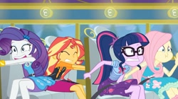 Size: 1280x719 | Tagged: safe, screencap, character:fluttershy, character:rarity, character:sunset shimmer, character:twilight sparkle, character:twilight sparkle (scitwi), species:eqg human, episode:road trippin', g4, my little pony:equestria girls, faec, legs, puffy cheeks, seatbelt