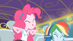 Size: 1280x719 | Tagged: safe, screencap, character:pinkie pie, character:rainbow dash, episode:road trippin', g4, my little pony:equestria girls, eyes closed, geode of sugar bombs, magical geodes