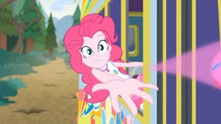 Size: 1280x719 | Tagged: safe, screencap, character:pinkie pie, episode:road trippin', g4, my little pony:equestria girls, geode of sugar bombs, solo, throwing
