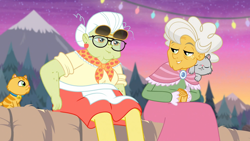 Size: 1920x1080 | Tagged: safe, screencap, character:goldie delicious, character:granny smith, episode:road trippin', g4, my little pony:equestria girls, cat, clothing, derp cat, dress, female, lemon squeezy, mountain, shawl