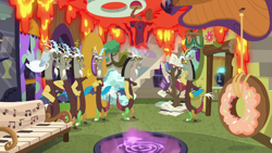 Size: 1280x720 | Tagged: safe, screencap, character:discord, species:draconequus, episode:discordant harmony, g4, my little pony: friendship is magic, book, couch, discord crew, discord's house, donut, food, lava, male, multeity, portal, self paradox, tentacle plant, tree, winged teapot
