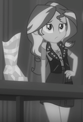 Size: 530x775 | Tagged: safe, screencap, character:sunset shimmer, episode:rarity investigates: the case of the bedazzled boot, g4, my little pony:equestria girls, black and white, boots, cropped, grayscale, hand on hip, legs, monochrome, noir, sexy, shoes, solo