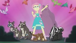 Size: 1920x1080 | Tagged: safe, screencap, character:fluttershy, species:bird, episode:stressed in show, g4, my little pony:equestria girls, animal, bear, boots, butterfly, female, geode of fauna, mud, muddy, raccoon, shoes, skunk, songbird, squirrel, stressed in show: fluttershy