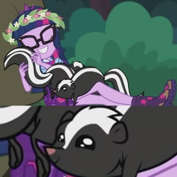 Size: 2048x2048 | Tagged: safe, screencap, character:twilight sparkle, character:twilight sparkle (scitwi), species:eqg human, episode:stressed in show, g4, my little pony:equestria girls, animal, boots, cute, female, floral head wreath, flower, shoes, skunk, sleeping, smiling, stressed in show: fluttershy, what could possibly go wrong