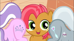 Size: 725x407 | Tagged: safe, screencap, character:babs seed, character:diamond tiara, character:silver spoon, episode:one bad apple, g4, my little pony: friendship is magic, eyes on the prize, hub logo, out of context, plot, raised tail, tail