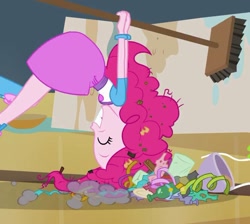 Size: 665x597 | Tagged: safe, screencap, character:pinkie pie, equestria girls:equestria girls, g4, my little pony:equestria girls, dirty, pinkie being pinkie, silly, silly human, solo, trash