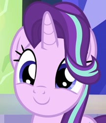 Size: 780x902 | Tagged: safe, screencap, character:starlight glimmer, species:pony, species:unicorn, episode:uncommon bond, g4, my little pony: friendship is magic, blue eyes, c:, cropped, cute, dawwww, eyelashes, female, glimmerbetes, hair flip, hair over one eye, horn, mare, smiling, solo, standing, too cute, twilight's castle, weapons-grade cute
