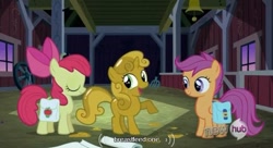 Size: 639x347 | Tagged: safe, edit, edited screencap, screencap, character:apple bloom, character:scootaloo, character:sweetie belle, species:pegasus, species:pony, episode:one bad apple, g4, my little pony: friendship is magic, caption, sweetie gold, youtube caption