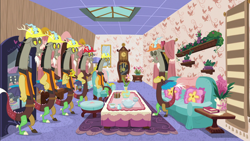 Size: 1280x720 | Tagged: safe, screencap, character:discord, species:draconequus, episode:discordant harmony, g4, my little pony: friendship is magic, couch, discord crew, discord's house, hard hat, hat, living room, male, multeity, self paradox, teapot