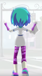 Size: 401x726 | Tagged: safe, screencap, character:dj pon-3, character:vinyl scratch, episode:music to my ears, equestria girls:rainbow rocks, g4, my little pony:equestria girls, breasts, clothing, cropped, female, leggings, rear view, shoes, sneakers, solo