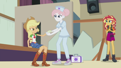 Size: 1272x716 | Tagged: safe, screencap, character:applejack, character:nurse redheart, character:sunset shimmer, episode:constructive criticism, g4, my little pony:equestria girls, bandage, broken hand, choose your own ending (season 1), first aid kit, injured, nurse purpleheart, shoes, sneakers