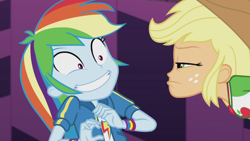 Size: 1272x716 | Tagged: safe, screencap, character:applejack, character:rainbow dash, episode:constructive criticism, g4, my little pony:equestria girls, applejack is not amused, choose your own ending (season 1), constructive criticism: rainbow dash, faec, rainbow dash is best facemaker, unamused