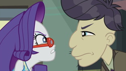 Size: 1272x716 | Tagged: safe, screencap, character:cranky doodle donkey, character:rarity, episode:happily ever after party, g4, my little pony:equestria girls, confrontation, glasses, glasses rarity, happily ever after party: rarity, rarity's glasses