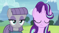 Size: 1280x720 | Tagged: safe, screencap, character:maud pie, character:pinkie pie, character:starlight glimmer, species:earth pony, species:pony, species:unicorn, episode:rock solid friendship, g4, my little pony: friendship is magic, animated, awkward, feelings, frown, gesture, head shake, meadow, mountain, sky, smiling, sound, tree, webm