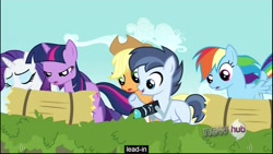 Size: 1920x1080 | Tagged: safe, screencap, character:applejack, character:rainbow dash, character:rarity, character:shady daze, character:twilight sparkle, episode:one bad apple, g4, my little pony: friendship is magic, hay bale, youtube caption