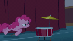 Size: 1280x720 | Tagged: safe, screencap, character:pinkie pie, species:earth pony, species:pony, episode:baby cakes, g4, my little pony: friendship is magic, animated, ba dum tss, blinking, drum kit, drums, female, grin, hoof hold, looking at you, mare, musical instrument, pinkie being pinkie, rimshot, sitting, smiling, solo, sound, squee, webm