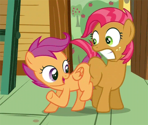 Size: 500x423 | Tagged: safe, screencap, character:babs seed, character:scootaloo, species:pegasus, species:pony, episode:one bad apple, g4, my little pony: friendship is magic, animated, butt bump, butt rub, butt to butt, butt touch, grinding, out of context