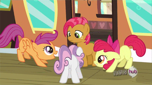 Size: 500x281 | Tagged: safe, screencap, character:apple bloom, character:babs seed, character:scootaloo, character:sweetie belle, species:pegasus, species:pony, episode:one bad apple, g4, my little pony: friendship is magic, animated, butt, sweetie butt