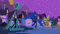 Size: 1280x720 | Tagged: safe, screencap, character:applejack, character:princess luna, character:twilight sparkle, species:alicorn, species:earth pony, species:pony, species:unicorn, episode:luna eclipsed, g4, my little pony: friendship is magic, catapult, clothing, costume, cutie mark, element of honesty, element of magic, house, jewelry, jumping, mask, night, pumpkin, regalia, star swirl the bearded costume, stars