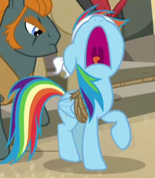 Size: 223x256 | Tagged: safe, screencap, character:rainbow dash, character:rogue, episode:daring done, blindfold, bound wings, cropped, henchmen, nose in the air, open mouth, raised hoof, rope, tied up, volumetric mouth