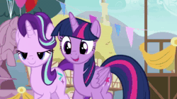 Size: 1280x720 | Tagged: safe, screencap, character:princess ember, character:spike, character:starlight glimmer, character:thorax, character:twilight sparkle, character:twilight sparkle (alicorn), species:alicorn, species:changeling, species:dragon, species:pony, species:reformed changeling, episode:triple threat, g4, my little pony: friendship is magic, animated, balloon, friendship, friendship lesson, hug, list, pennant, podium, ponyville, sound, statue, town hall, webm
