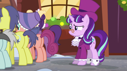 Size: 1920x1080 | Tagged: safe, screencap, character:comet tail, character:snowfall frost, character:starlight glimmer, species:pony, episode:a hearth's warming tail, g4, my little pony: friendship is magic, background pony, bonnie rose, clothing, context is for the weak, evening stroll, hat, paraviolet, plot, spectacles, top hat, unnamed pony