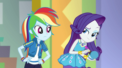 Size: 1280x720 | Tagged: safe, screencap, character:rainbow dash, character:rarity, episode:a fine line, g4, my little pony:equestria girls, clothing, geode of shielding, geode of super speed, lidded eyes, magical geodes, makeup, pants, raised eyebrow, wristband