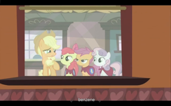 Size: 1024x640 | Tagged: safe, screencap, character:apple bloom, character:applejack, character:scootaloo, character:sweetie belle, species:pegasus, species:pony, episode:one bad apple, g4, my little pony: friendship is magic, chemistry, youtube caption