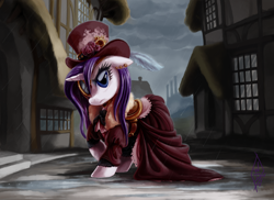 Size: 1858x1350 | Tagged: safe, artist:whitediamonds, character:rarity, species:pony, species:unicorn, clothing, commission, dress, ear piercing, factory, feather, female, hat, mare, monocle, piercing, rain, solo, steampunk, street, top hat, wet, wet mane, wet mane rarity
