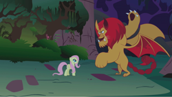 Size: 1279x720 | Tagged: safe, screencap, character:fluttershy, species:pegasus, species:pony, episode:friendship is magic, g4, my little pony: friendship is magic, duo, everfree forest, manny roar, manticore, raised paw