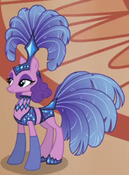 Size: 232x313 | Tagged: safe, screencap, character:sapphire sequins, species:earth pony, species:pony, episode:viva las pegasus, g4, my little pony: friendship is magic, background pony, burlesque, clothing, costume, cropped, female, mare, show mares, showgirl, solo