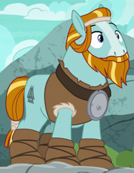 Size: 435x560 | Tagged: safe, screencap, character:rockhoof, species:earth pony, species:pony, episode:campfire tales, g4, my little pony: friendship is magic, beard, clothing, cropped, facial hair, headband, mighty helm, solo, tail wrap