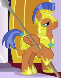 Size: 334x430 | Tagged: safe, screencap, character:spearhead, species:pegasus, species:pony, episode:rarity investigates, g4, my little pony: friendship is magic, armor, cropped, male, royal guard, royal guard armor, solo, spear, stallion, weapon