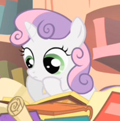 Size: 294x295 | Tagged: safe, screencap, character:sweetie belle, species:pony, episode:the show stoppers, g4, my little pony: friendship is magic, book, cropped, golden oaks library, reading, solo