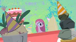 Size: 845x473 | Tagged: safe, screencap, character:pinkamena diane pie, character:pinkie pie, species:earth pony, species:pony, episode:party of one, g4, my little pony: friendship is magic, abstract background, clothing, female, hat, madame leflour, mare, mr. turnip, party hat, rock, rocky, sir lintsalot, turnip