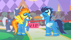 Size: 1280x720 | Tagged: safe, screencap, character:blue moon (g4), character:cloud kicker, character:derpy hooves, character:lyra heartstrings, character:soarin', character:spitfire, character:white lightning, species:pegasus, species:pony, episode:the best night ever, g4, my little pony: friendship is magic, apple, apple pie, clothing, duo, food, mouth hold, pie, raised hoof, uniform, wonderbolts, wonderbolts uniform