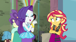 Size: 1280x720 | Tagged: safe, screencap, character:rarity, character:sunset shimmer, episode:display of affection, g4, my little pony:equestria girls, background human, clothing, derp, didney worl, female, great moments in animation, purple frizz, skirt, smiling, smirk, technicolor waves