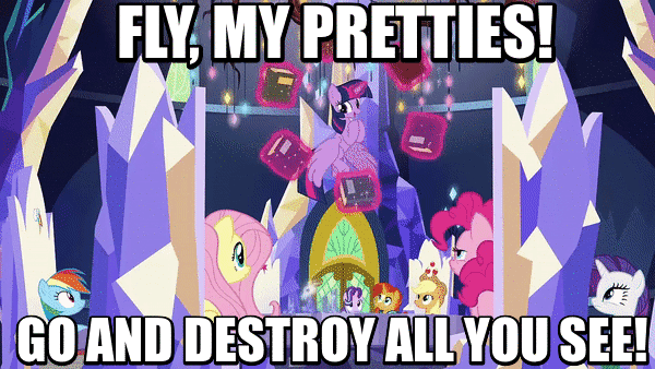 Size: 600x338 | Tagged: safe, screencap, character:applejack, character:fluttershy, character:pinkie pie, character:rainbow dash, character:rarity, character:starlight glimmer, character:sunburst, character:twilight sparkle, character:twilight sparkle (alicorn), species:alicorn, species:pony, episode:shadow play, g4, my little pony: friendship is magic, animated, book, bookhorse, flying, image macro, levitation, magic, mane six, meme, telekinesis, that pony sure does love books, the wizard of oz, twilight's castle, tyrant sparkle