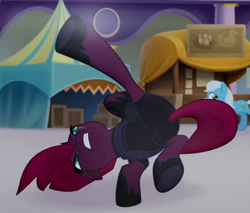 Size: 720x612 | Tagged: safe, screencap, character:tempest shadow, my little pony: the movie (2017), acrobatics, armor, butt, combat, cropped, eye scar, fight, hoof shoes, kicking, plot, scar, underhoof