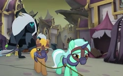 Size: 845x521 | Tagged: safe, screencap, character:lyra heartstrings, my little pony: the movie (2017), background pony, bound together, canterlot, collar, cropped, harness, horn cap, magic suppression, muzzle, ruins, sad, slavery, storm guard, tack