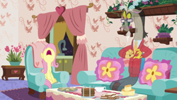Size: 1280x720 | Tagged: safe, screencap, character:discord, character:fluttershy, species:pony, episode:discordant harmony, g4, my little pony: friendship is magic, clothing, cup, fading, food, glasses, milk toast, pants, sandwich, sweater, tea set, teacup, teapot, transparent, yelling
