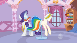 Size: 1680x945 | Tagged: safe, screencap, character:rarity, species:pony, species:unicorn, episode:suited for success, g4, my little pony: friendship is magic, clothing, dress, ei, eyes closed, female, gala dress, glasses, hub logo, magic, mannequin, mare, measuring tape, ponyquin, solo, telekinesis