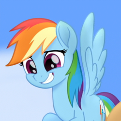 Size: 280x280 | Tagged: safe, screencap, character:rainbow dash, species:pegasus, species:pony, my little pony: the movie (2017), awkward smile, cropped, flying, smiling, solo, spread wings, wings
