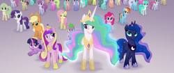 Size: 1920x804 | Tagged: safe, screencap, character:applejack, character:daisy, character:fluttershy, character:linky, character:pinkie pie, character:princess cadance, character:princess celestia, character:princess luna, character:rainbow dash, character:rarity, character:shoeshine, character:spike, character:twilight sparkle, character:twilight sparkle (alicorn), species:alicorn, species:dragon, species:earth pony, species:pegasus, species:pony, species:unicorn, my little pony: the movie (2017), alicorn tetrarchy, background pony, canterlot, canterlot castle, crowd, everypony, glow, glowing mane, invasion, mane seven, mane six, serious, serious face, so much pony, unnamed pony