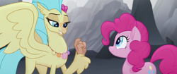 Size: 1920x804 | Tagged: safe, screencap, character:pinkie pie, character:princess skystar, species:classical hippogriff, species:earth pony, species:hippogriff, species:pony, my little pony: the movie (2017), duo, female, lidded eyes, raised claw, seashell necklace, smiling