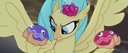 Size: 1920x804 | Tagged: safe, screencap, character:princess skystar, species:classical hippogriff, species:hippogriff, my little pony: the movie (2017), beak, clam shell, clams, feathered ears, flower, freckles, googly eyes, oyster, seashell, shell, shelldon, shelly, smiling, smirk, talons, wings